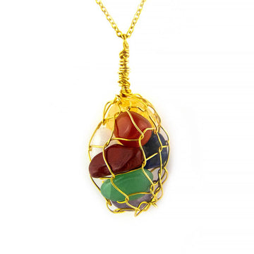 Chakra gemstone pendant in a gold-plated wire cage showing multiple colored stones symbolizing energy alignment.